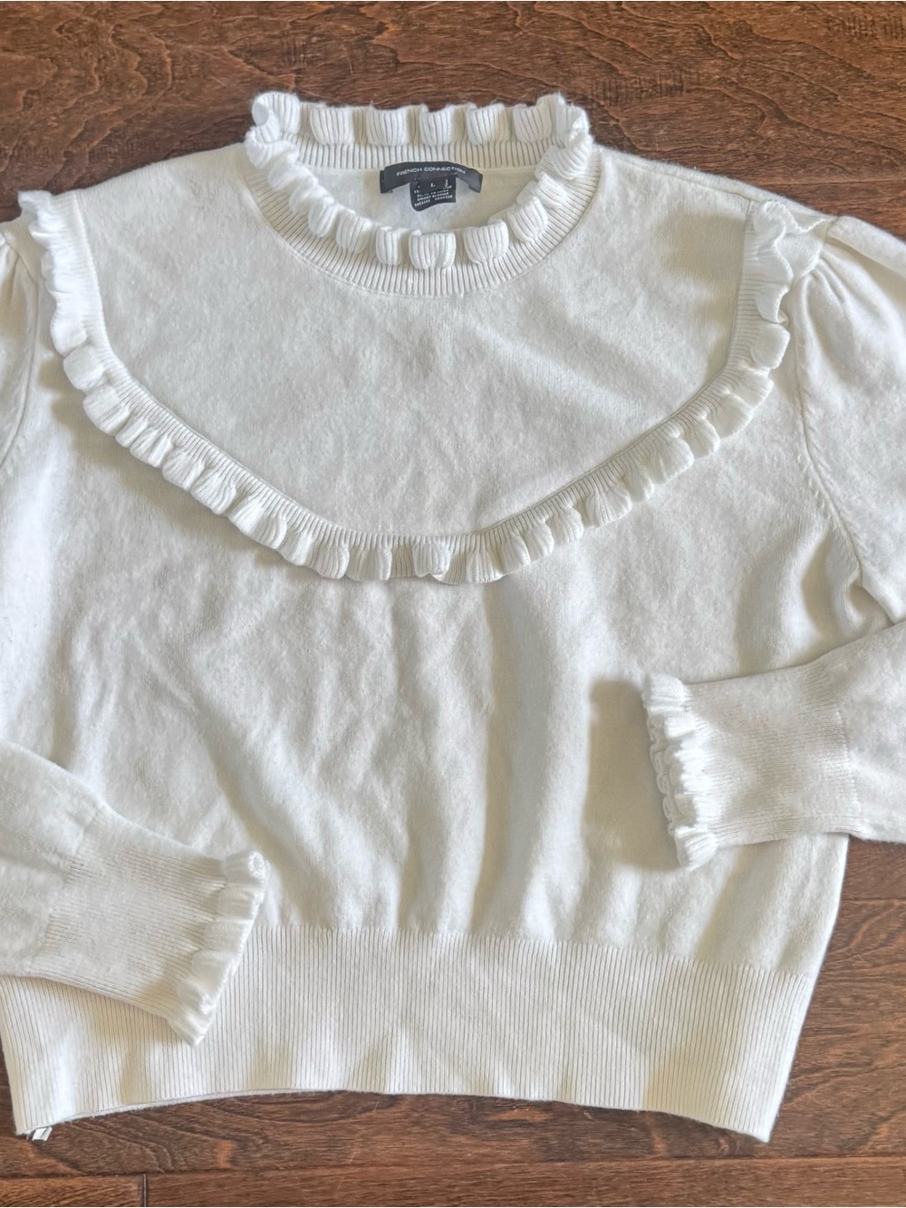 French Connection White Ruffle Trim Crewneck Sweater
